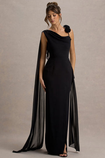 Angeline Black Chiffon Draped Split Maxi Dress With Corsages